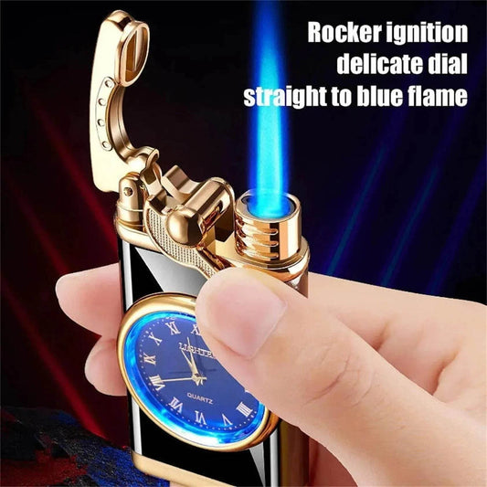New Lighter With Electric Watch Rocker Arm Automatic Ignition Straight Blue Flame Lighter Creative Real Dial Inflatable Windproof Cigar Lighter Men's Watch Gift - Velora