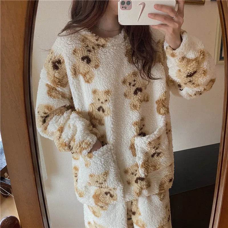 Polar Bear Fleece Winter Home Lounge wear Pajamas Set Women - Velora