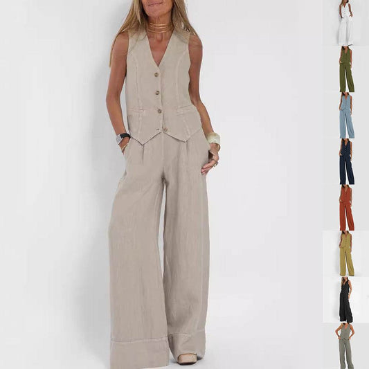 Summer Vest Suits V-neck Botton Sleeveless Top And Loose Straight Trousers Casual Womens Clothing - Velora
