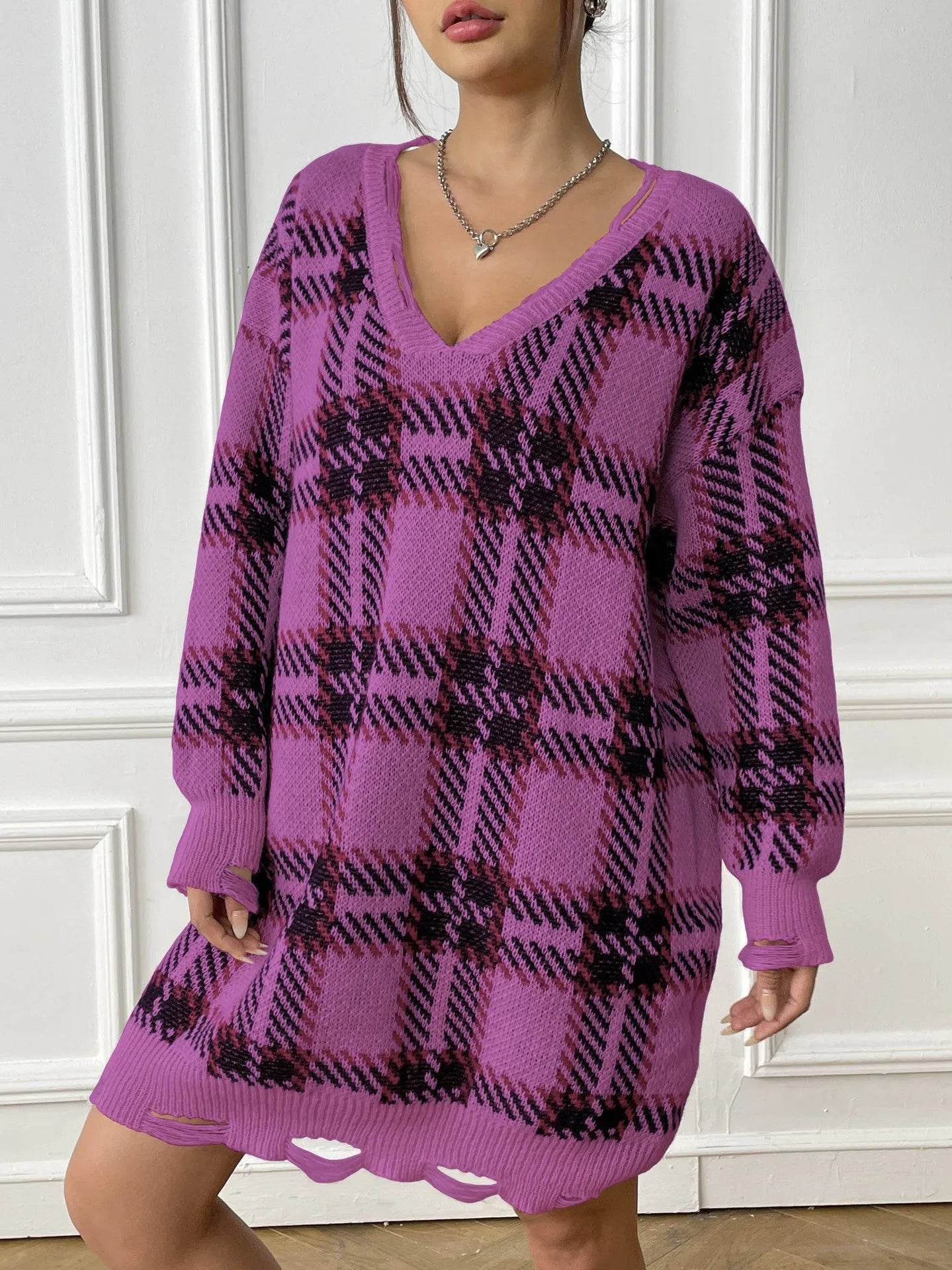 Deer Plush V-neck Long Sleeve Plaid Winter Jumper Mini dress - Velora