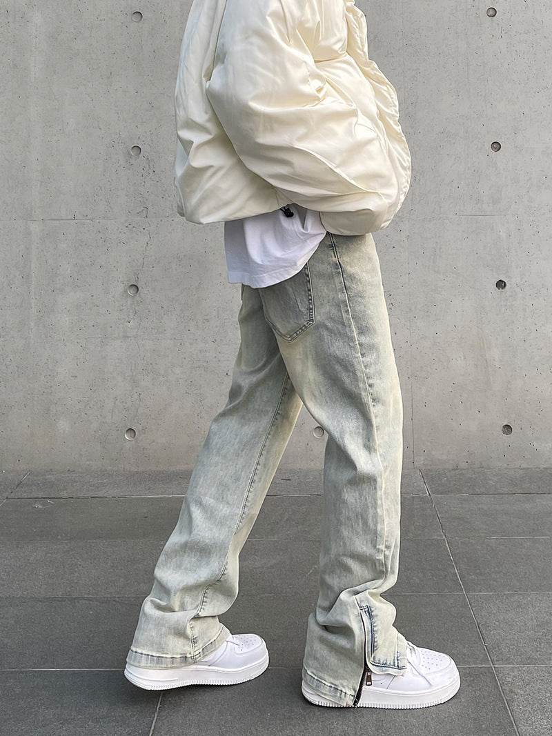 Retro Washed Distressed Yellow Mud Dyed Zipper Split Jeans - Velora