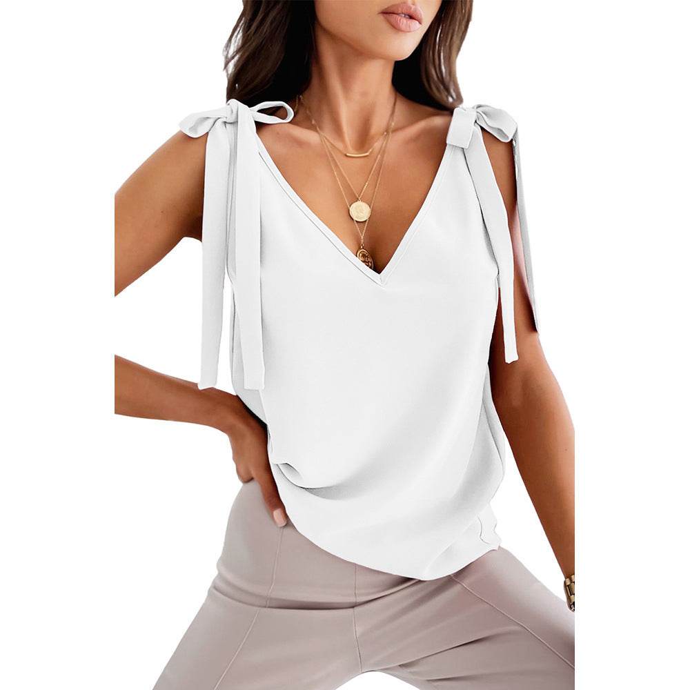 Bowknot Tie Up V-neck top Women Summer Sleeveless Blouse Tops - Velora