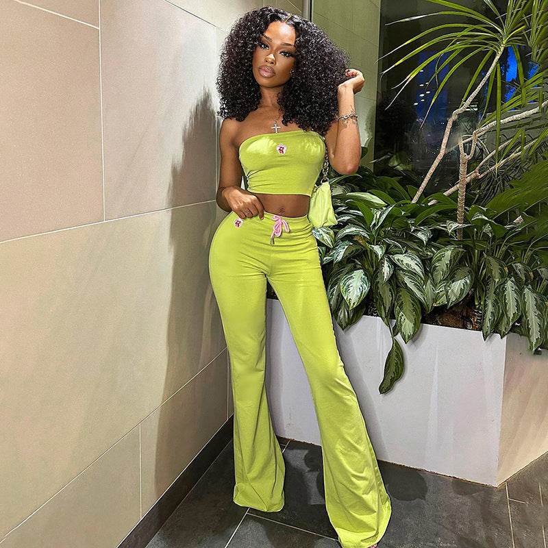 Fashion Summer Suit Embroidery Tube Top And High Waist Drawstring Bell-bottomed Pants Two-piece Set Womens Clothing - Velora