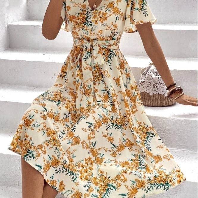 Women Bohemian Spring Short sleeve Casual flowy V-neck Tie belt Floral Summer Midi Dress - Velora