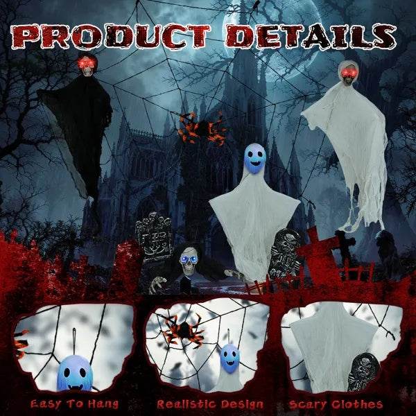 Outdoor Halloween Decorations 8-Piece Set, Hanging Ghosts Decor And Cobweb And Gravestone With Lighted Up Eyes, Scary Swinging Ghost Flying For Yard Patio Lawn Garden - Velora