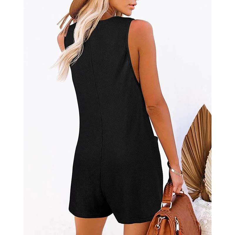 Women's Button Front Romper Jumpsuit With Pockets Casual Solid Color Sleeveless Summer Jumpsuit - Velora