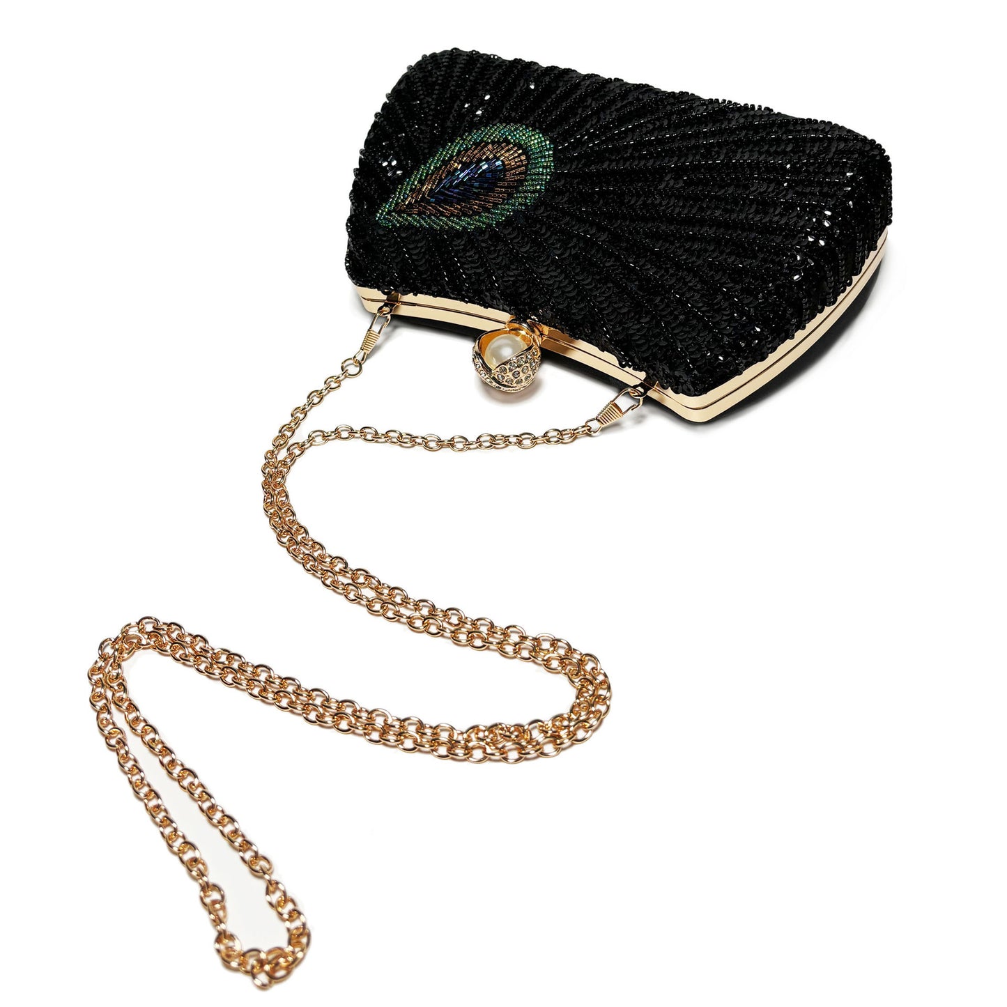 Beaded Peacock Feather Large Pearl Rhinestone Large Capacity Crossbody Shoulder Bag