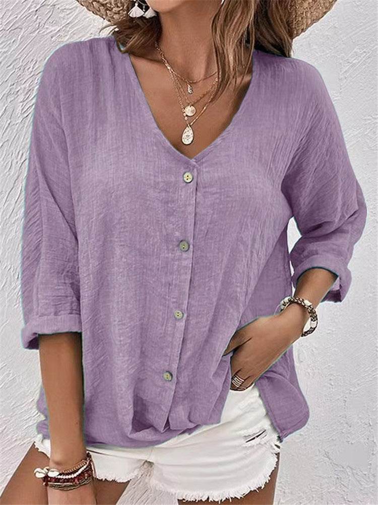 V-neck Long-sleeved T-shirt Fashion Solid Color Button Top Casual Loose Clothing For Women - Velora