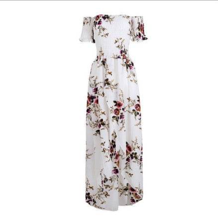 Elegant Ladies Summer Boho Vacation Resort Slit Maxi dress off shoulder Long floral Beach summer slit dress - Velora
