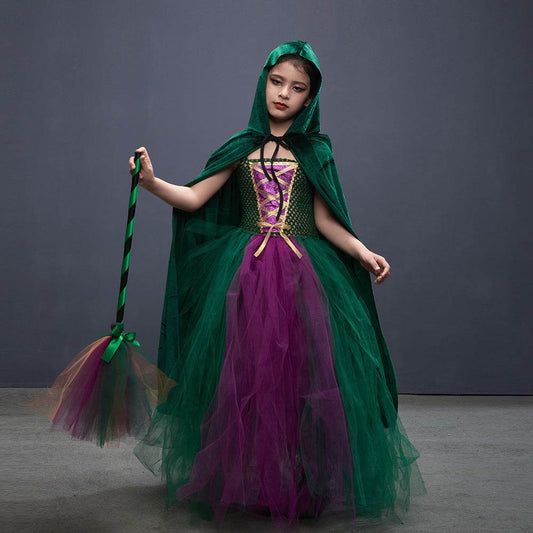 Halloween Costume Witch Children Dress Cloak Broom Set - Velora
