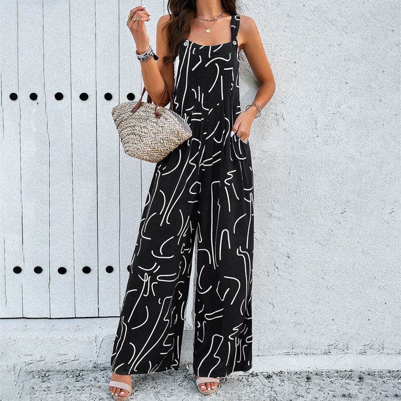 Fashion Print Square Neck Jumpsuit With Pockets Spring Summer Casual Loose Overalls Womens Clothing - Velora