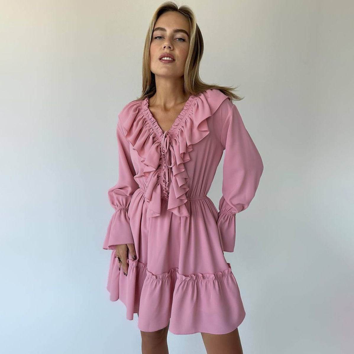 Fashion V Neck Pleated Ruffle Long Sleeve Dress Y2K V Neck Flared Sleeve Short Dress Women's Clothing - Velora