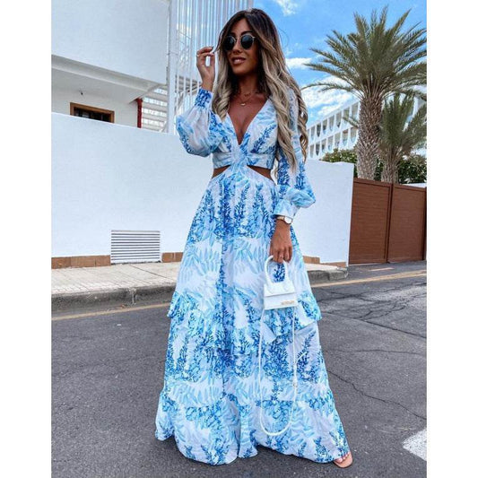 Elegant Women's Hollow Floor V-neck Long-sleeved Plant Dress Long Dresses Spring Summer Print V-neck Long Sleeve Dress - Velora