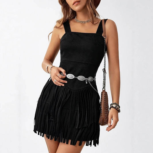 Women's Square Neck Summer Vacation Double-layer Sleeveless Mini Black Tassel Hem Dress - Velora