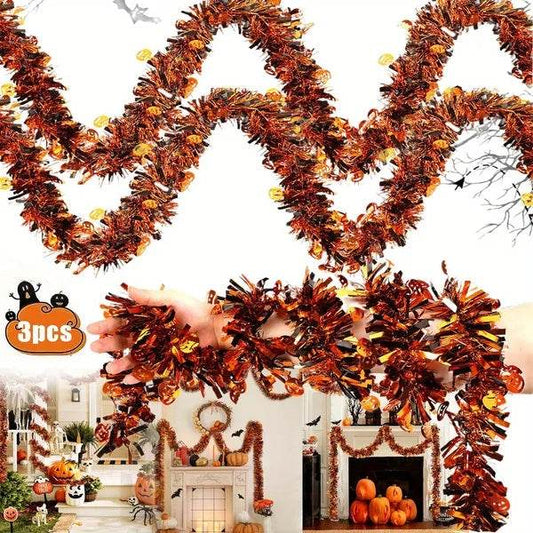 3Pack 6.56 Ft Halloween Tinsel Garland With Pumpkin Sequins Orange Black Mixed Colors Glitter Metallic Tinsel Decoration Twisted Garland For Halloween Thanksgiving Trick Or Treat Fall Party Supplies - Velora