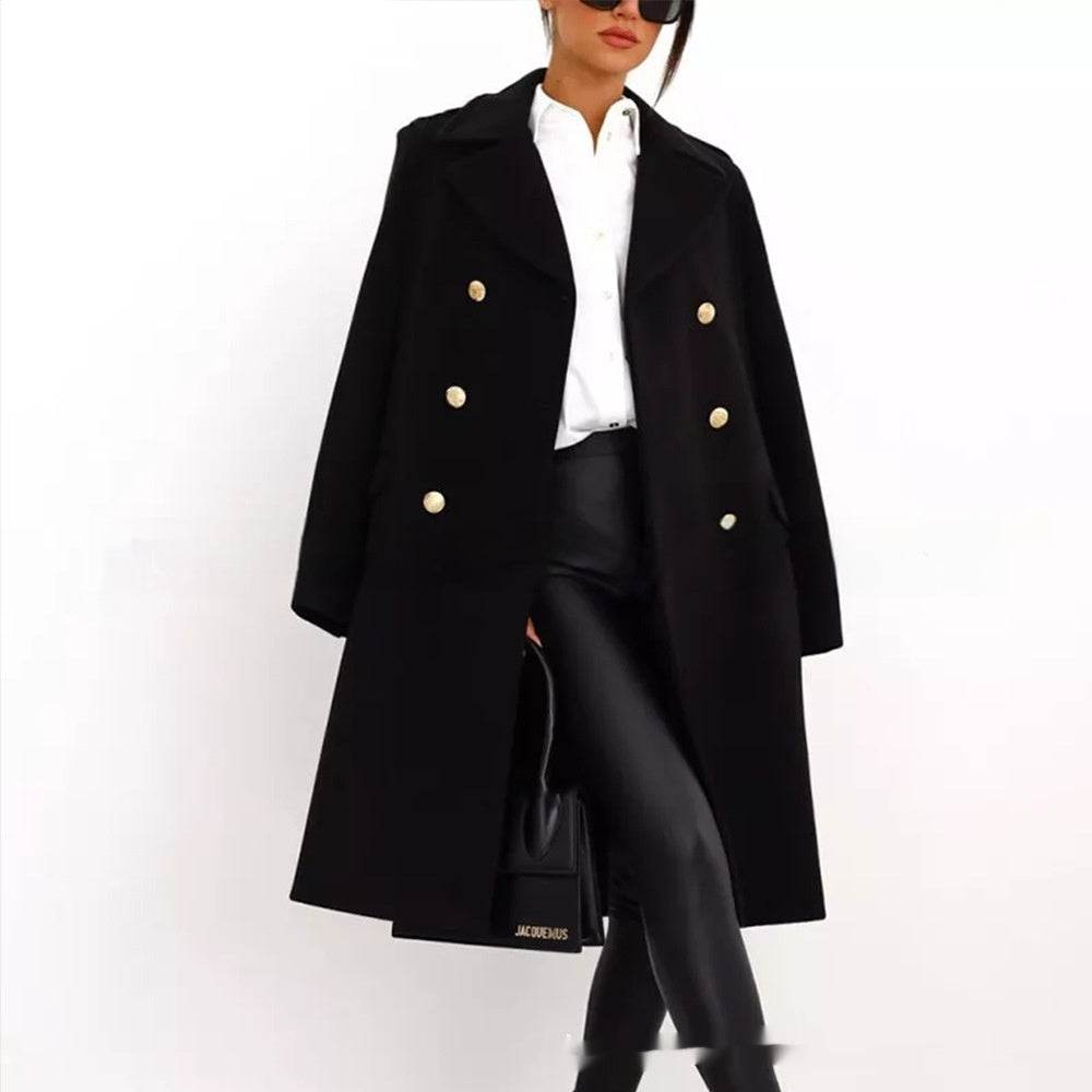 Simple Double Breasted Woolen Coat For Women - Velora