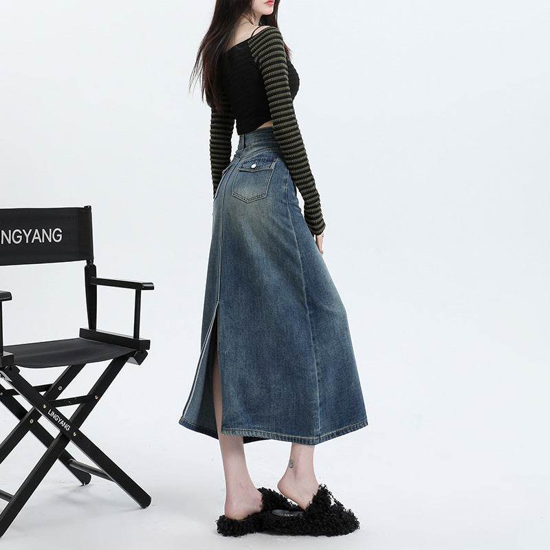 High Waisted Denim Skirt Long Cotton Solid Style - Velora