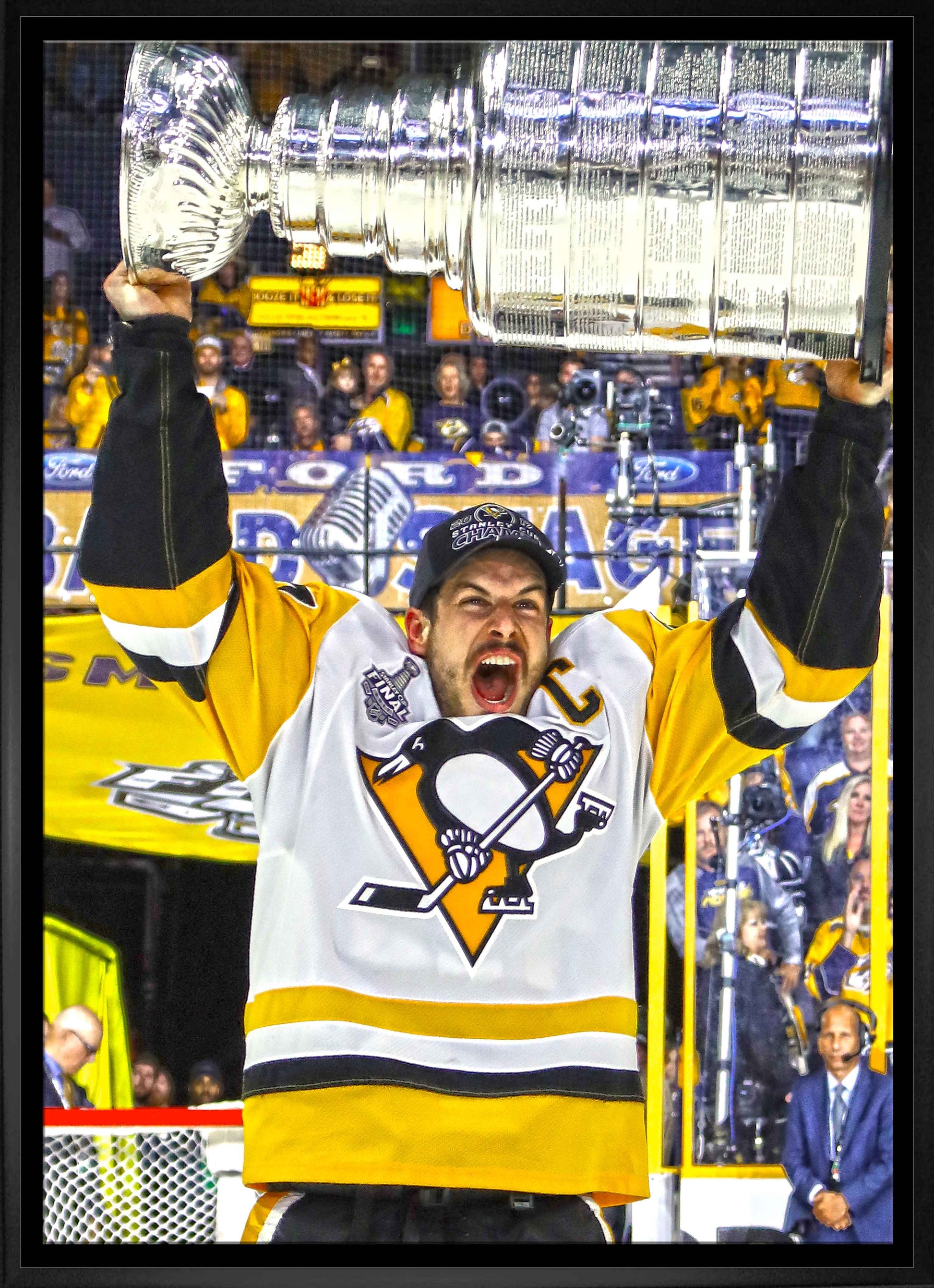 Sidney Crosby Pittsburgh Penguins Framed 20x29 Raising Stanley Cup Canvas Frameworth Sports Marketing