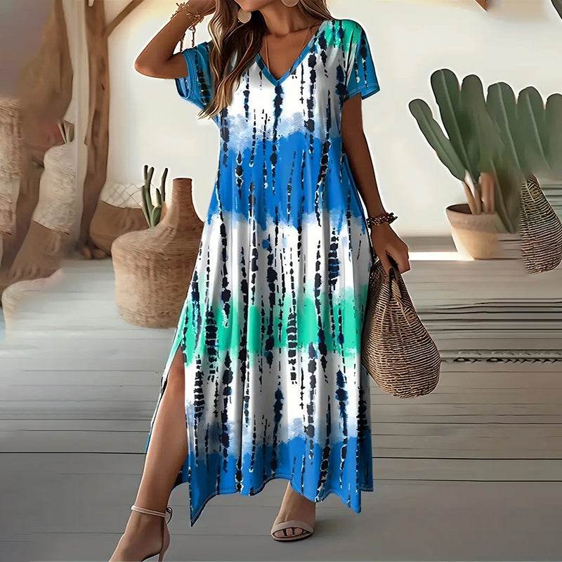 Women's Summer Tie Dye Maxi Dress Short Sleeve V Neck Casual Loose Long Split Dresses - Velora