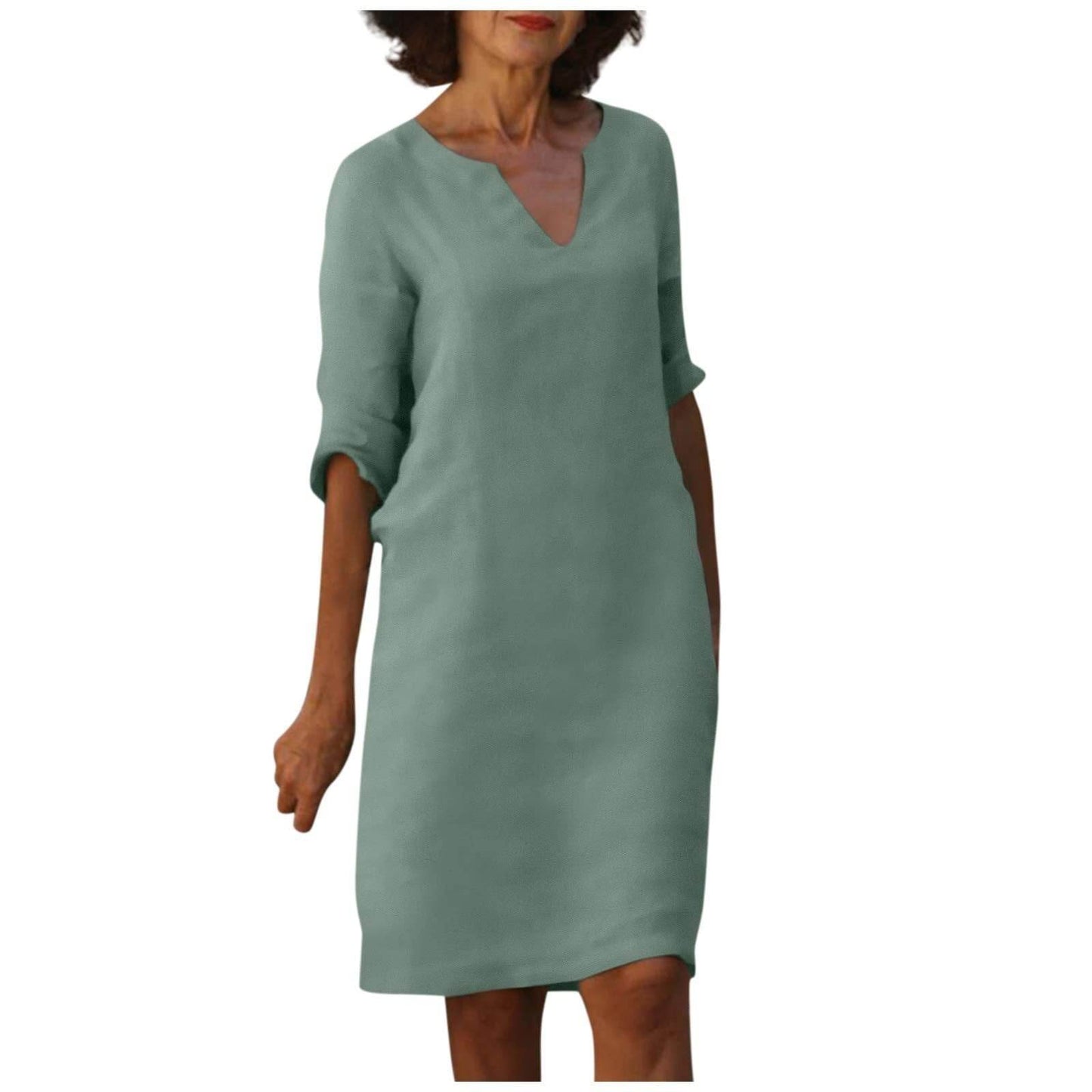 Cotton And Linen V-neck Dress Summer Stitching Retro High Waist Pure Color Dresses - Velora