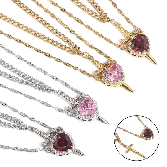 New Heart And Sword Necklace Set Gold Color Stainless Steel Crystal Couple Necklaces For Women Men Boyfriend Girlfriend Gifts - Velora