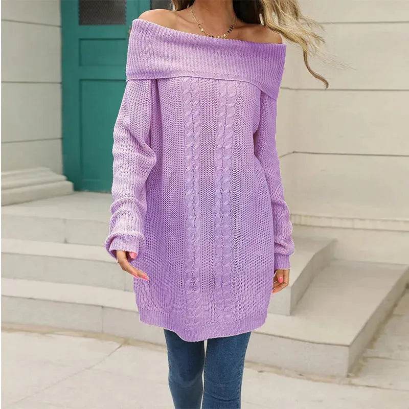Lapel Loose Off shoulder Winter Knitted Tunic top - Velora