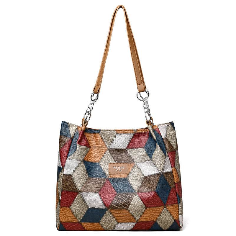 Retro Geometric Pattern Color-matching Shoulder Bag Fashion Large Capacity Stitching Handbag For Women Totes - Velora
