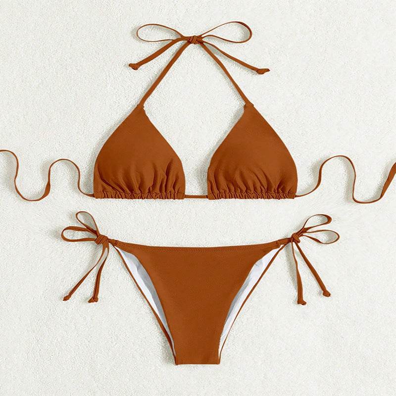 Pure Color Tied Halter Bikini Swimsuit - Velora