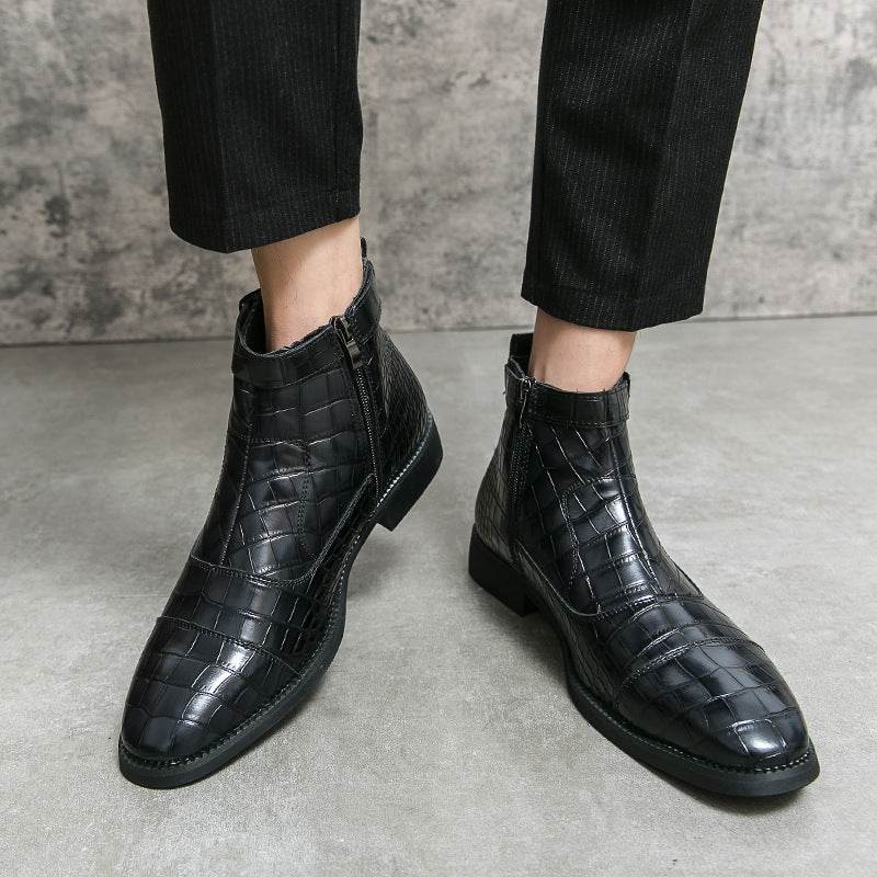 Men's Crocodile Pattern Boots Fashion Pointed Toe Low Square Heel Buckle Zipper Ankle Boots Business Formal Leather Shoes - Velora