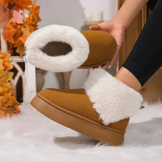 Winter Plush Snow Boots Fashion Round Toe Flat Thickened Suede Cotton Shoes For Women Casual Warm Short Boot - Velora