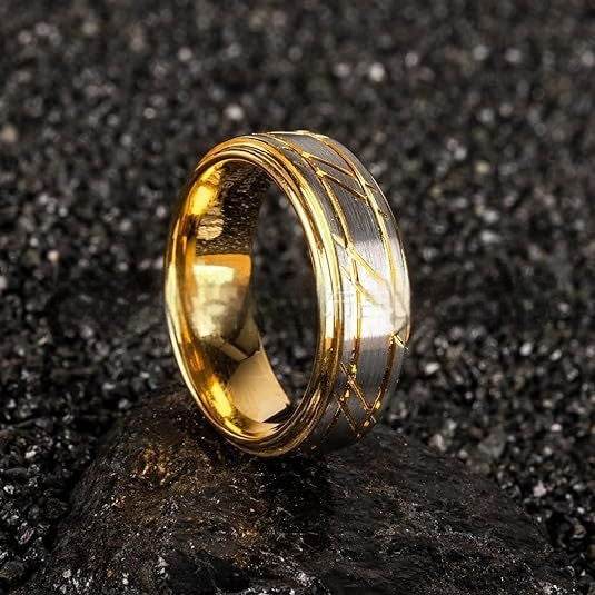 Men's Yellow Gold 8mm Simple Design Polished Twill Tungsten Ring - Velora