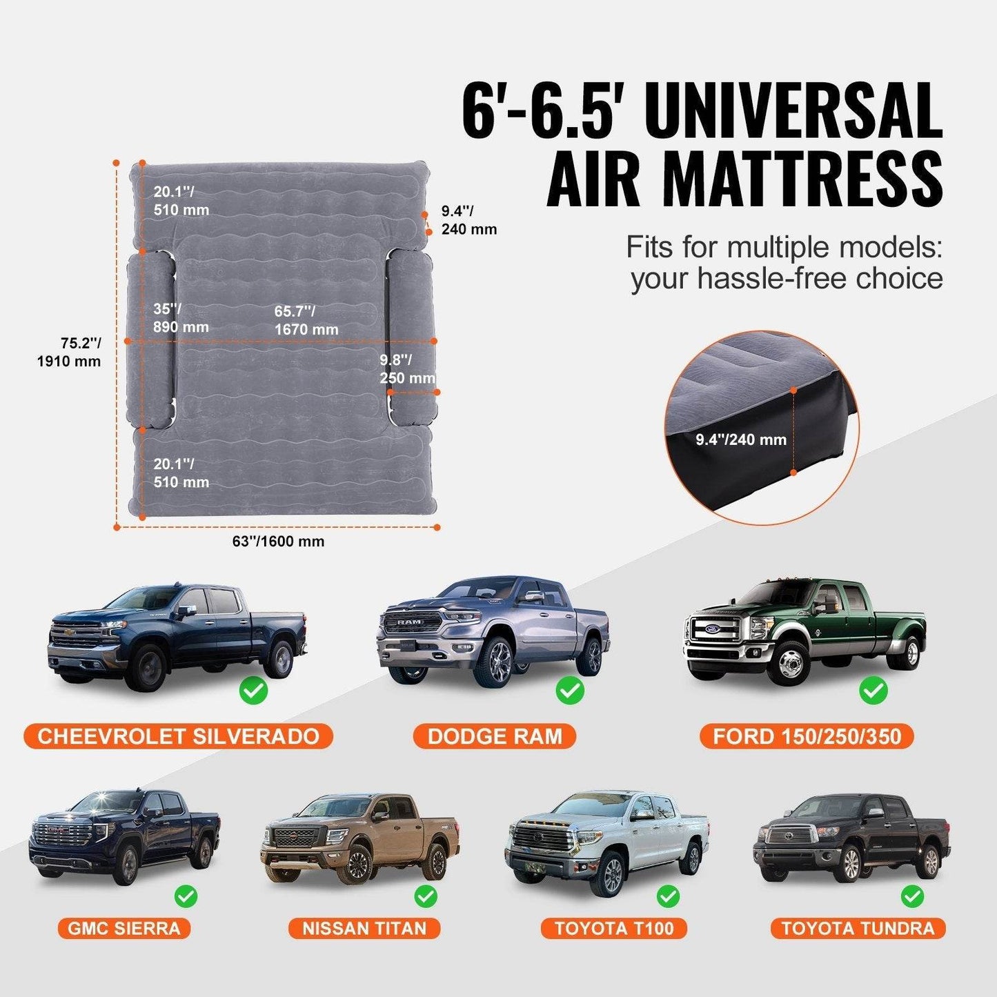Truck Bed Air Mattress, For 6-6.5 Ft Full Size Truck Beds, Inflatable Air Mattress Camping Bed With 12V Air 2 Pillows, Carry Bag, For Chevrolet Silverado, Dodge Ram, Ford EX-STOCK Canada