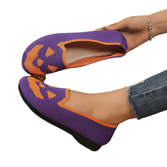 Women's Halloween Pumpkin Printed Breathable Flying Woven Shoes - Velora