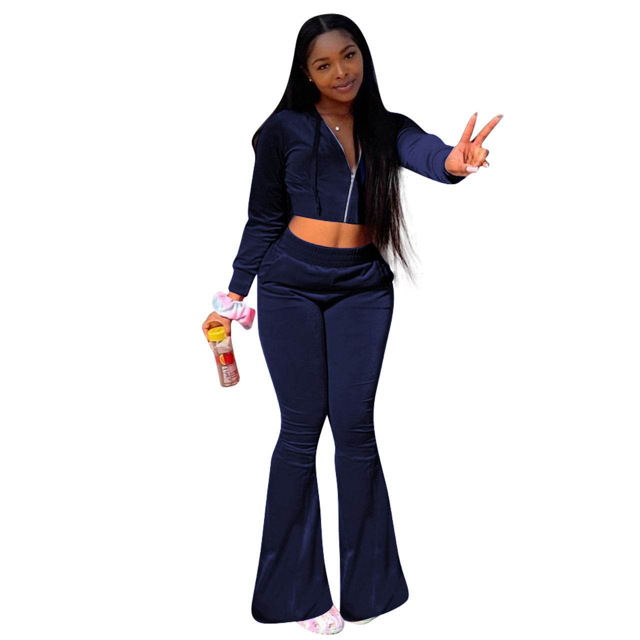 Women 2pcs Velvet Hoodie Wide leg Pant Crop top sweatsuit Athleisure Outfit - Velora