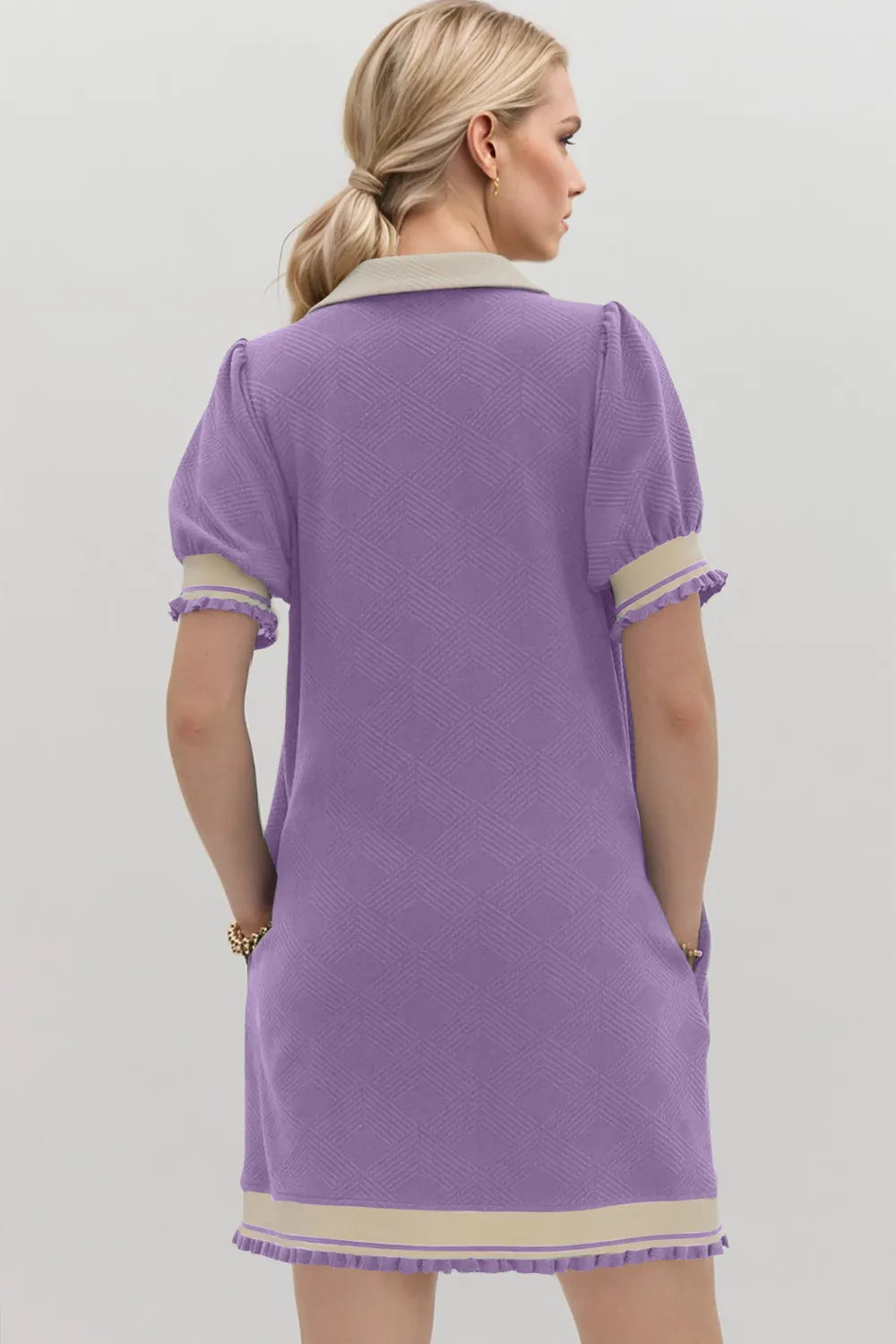 Oh Frill Contrast Trim Johnny Collar Short Sleeve Mini Dress - Velora