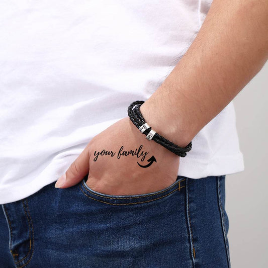 Personalized Mens Braided Genuine Leather Bracelet Stainless Steel Custom Beads Name Charm Bracelet For Men With Family Names - Velora