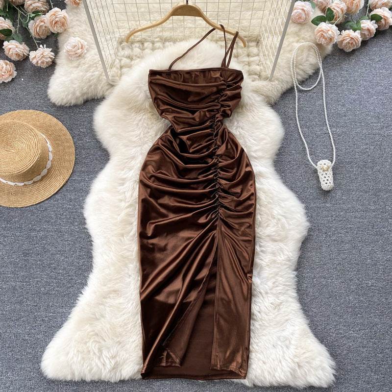 Elegant Women Sleeveless One shoulder Drawstring Satin Dress for Party, Wedding, Cocktail - Velora