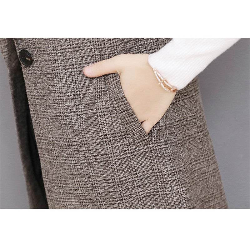 Plaid Long Blazer Vest Women Sleeveless Jacket - Velora