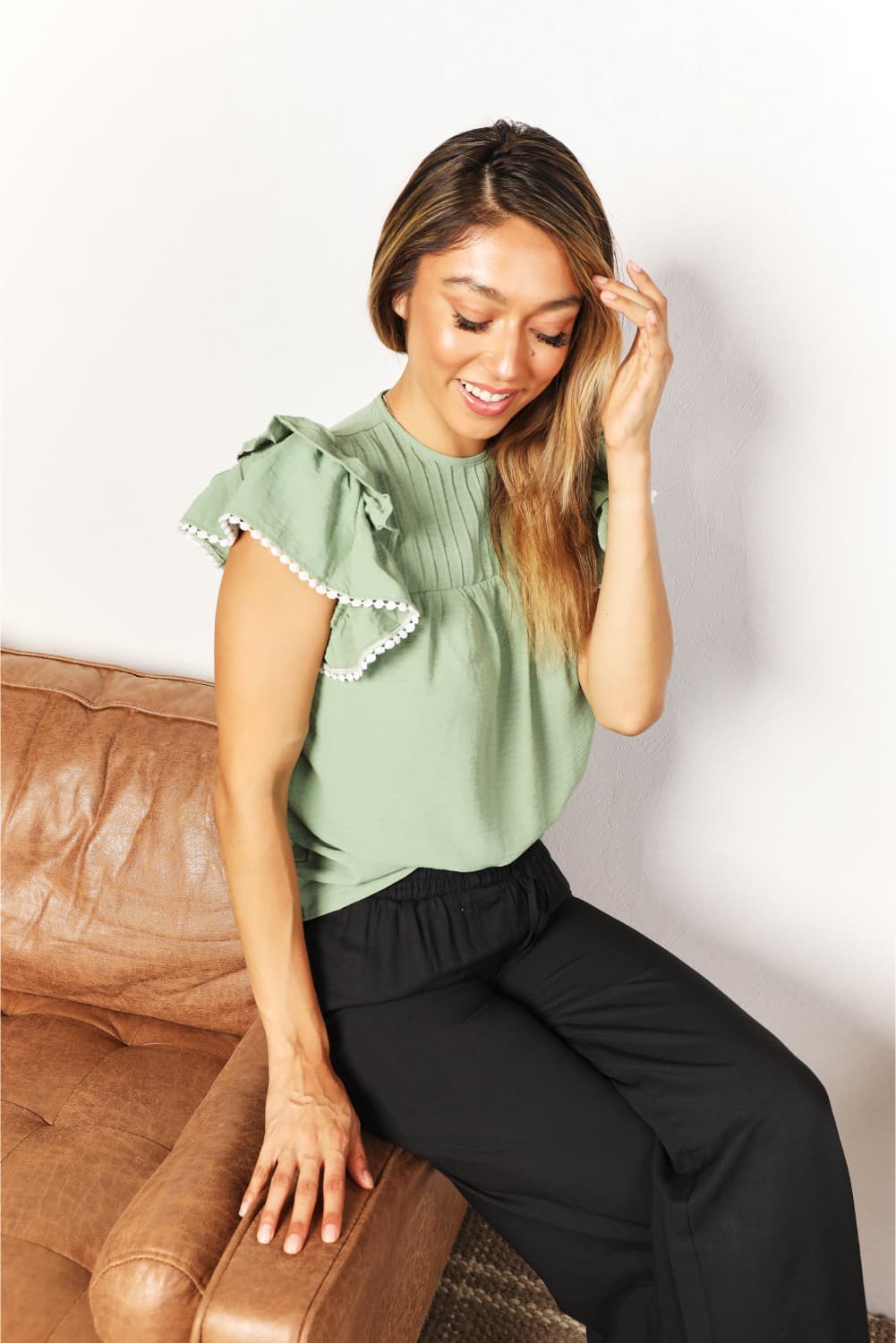 Perfee Pleated Detail Flutter Sleeve Blouse - Velora