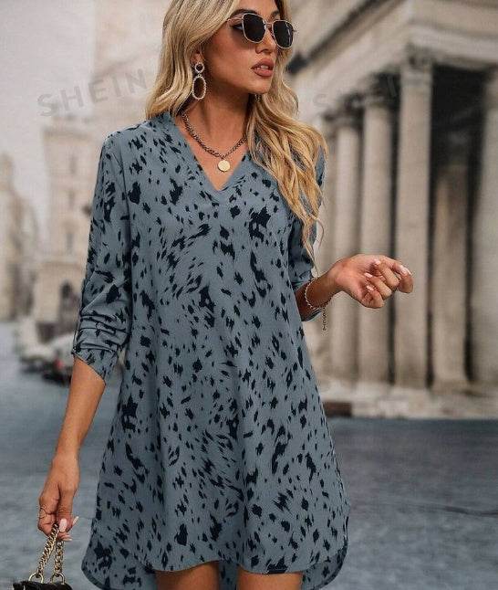 Allover Print Roll Up Sleeve Dress Ladies Casual High Low Long Sleeve V Neck Regular Fit Short Apricot Roll Up Sleeve All Over Print Tunic Women Short Dresses - Velora