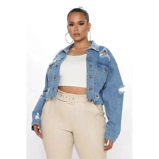 Fashionable Ripped Long sleeve Denim Jeans Crop jacket women short denim jacket oversized cropped denim jacket - Velora