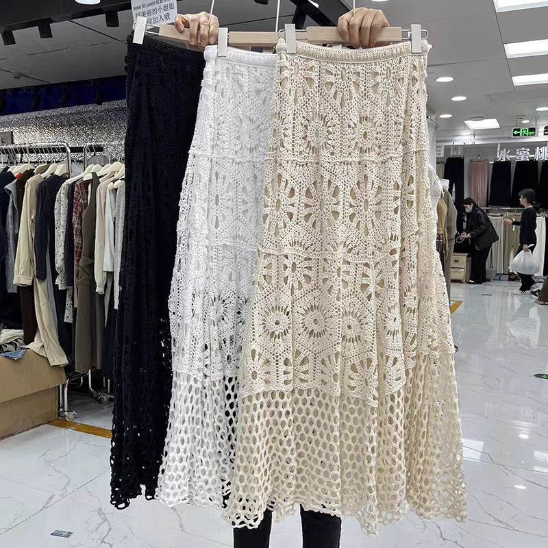Spring Summer Crochet Lace Patchwork A- Line Beach Skirt Holiday Style Hollow-out flared flowy Maxi Skirt - Velora