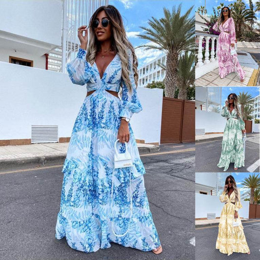 Elegant Women's Hollow Floor V-neck Long-sleeved Plant Dress Long Dresses Spring Summer Print V-neck Long Sleeve Dress - Velora