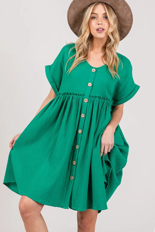 SAGE + FIG Full Size Button Up Short Sleeve Dress - Velora