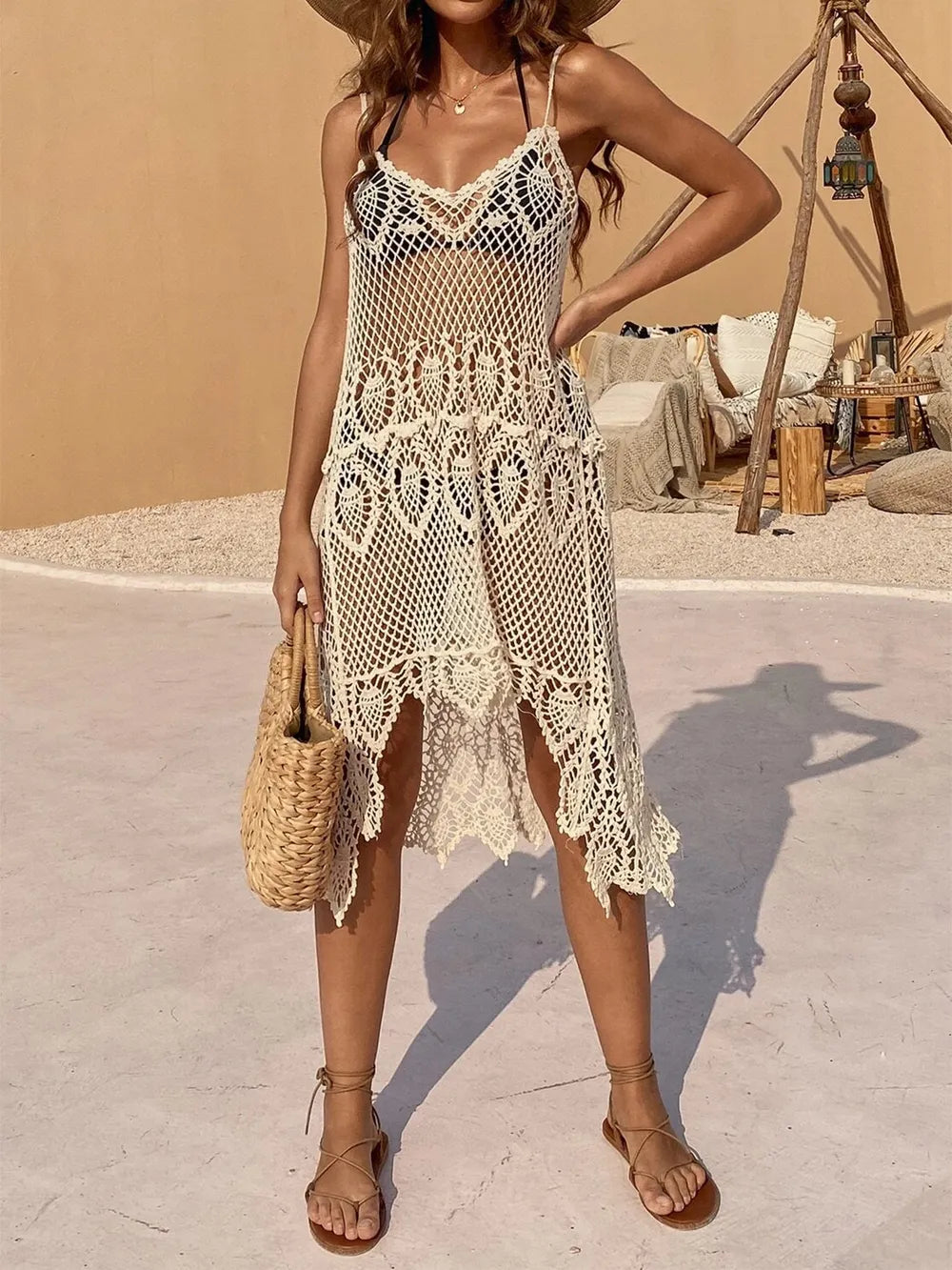 Openwork Scoop Neck Spaghetti Strap Cover-Up Dress - Velora