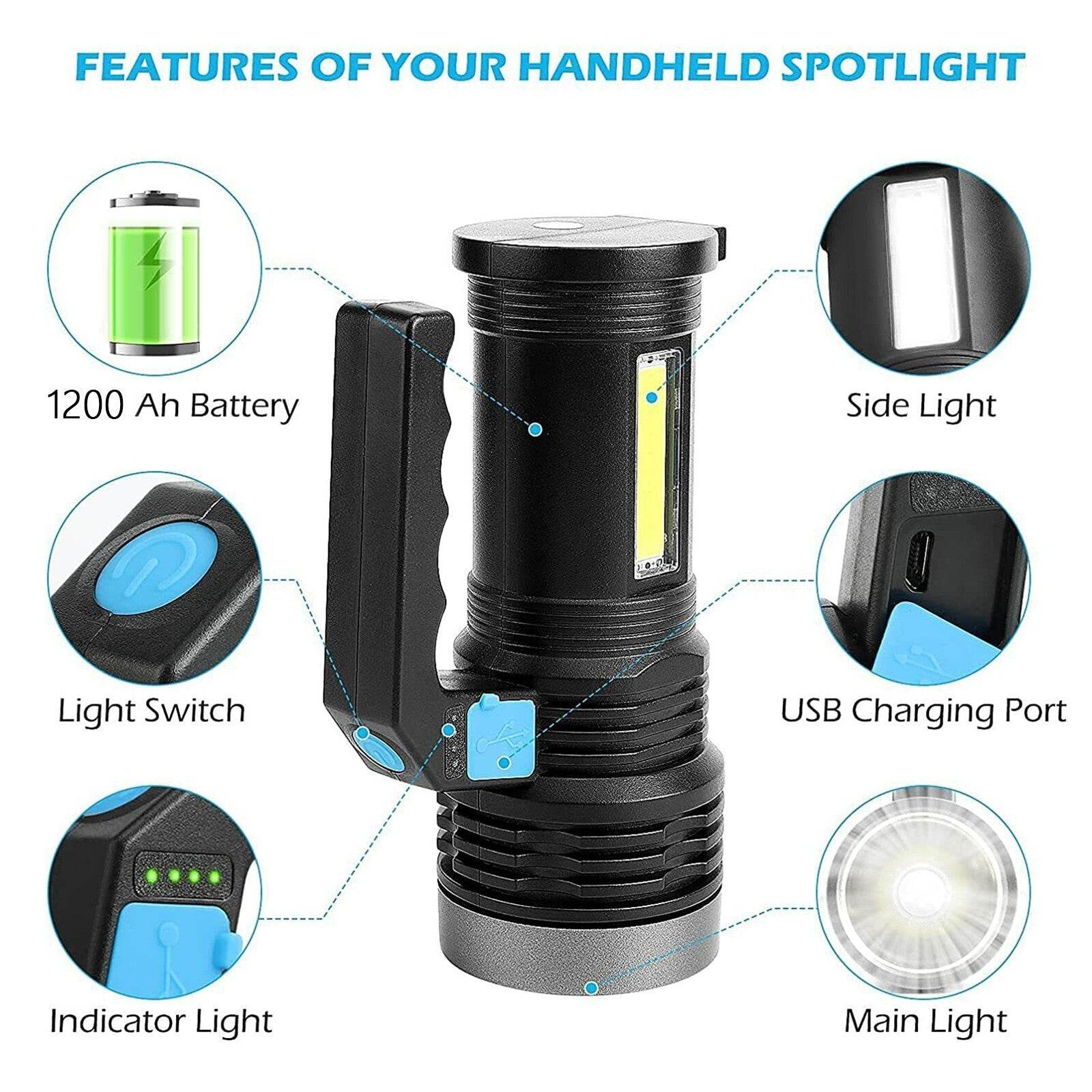 LED Flashlight USB Rechargeable Torch COB Spotlight Camping Light High Lumens Emergency Lamp 3 Modes Waterproof - Velora