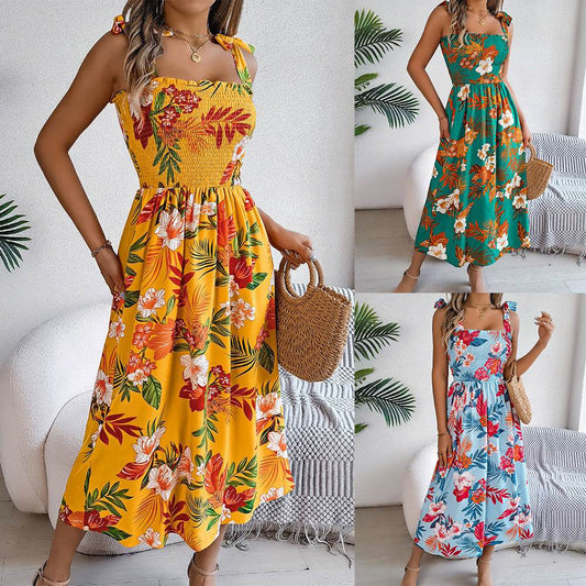Flowers Print Suspender Corset Dress Ins Fashion Holiday Beach Long Dresses Summer Clothing For Women - Velora