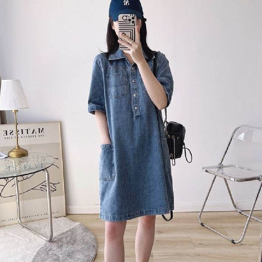 Women's Lapel Breasted Straight-leg Denim Dress - Velora