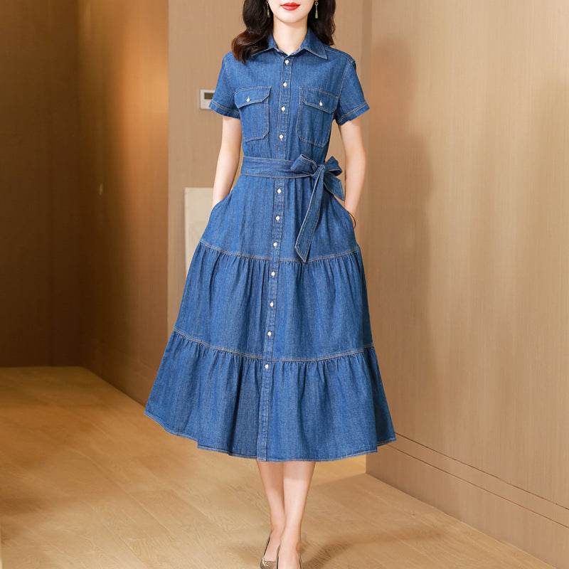 Classy Elegant Single Breasted Denim flared Midi Dress - Velora