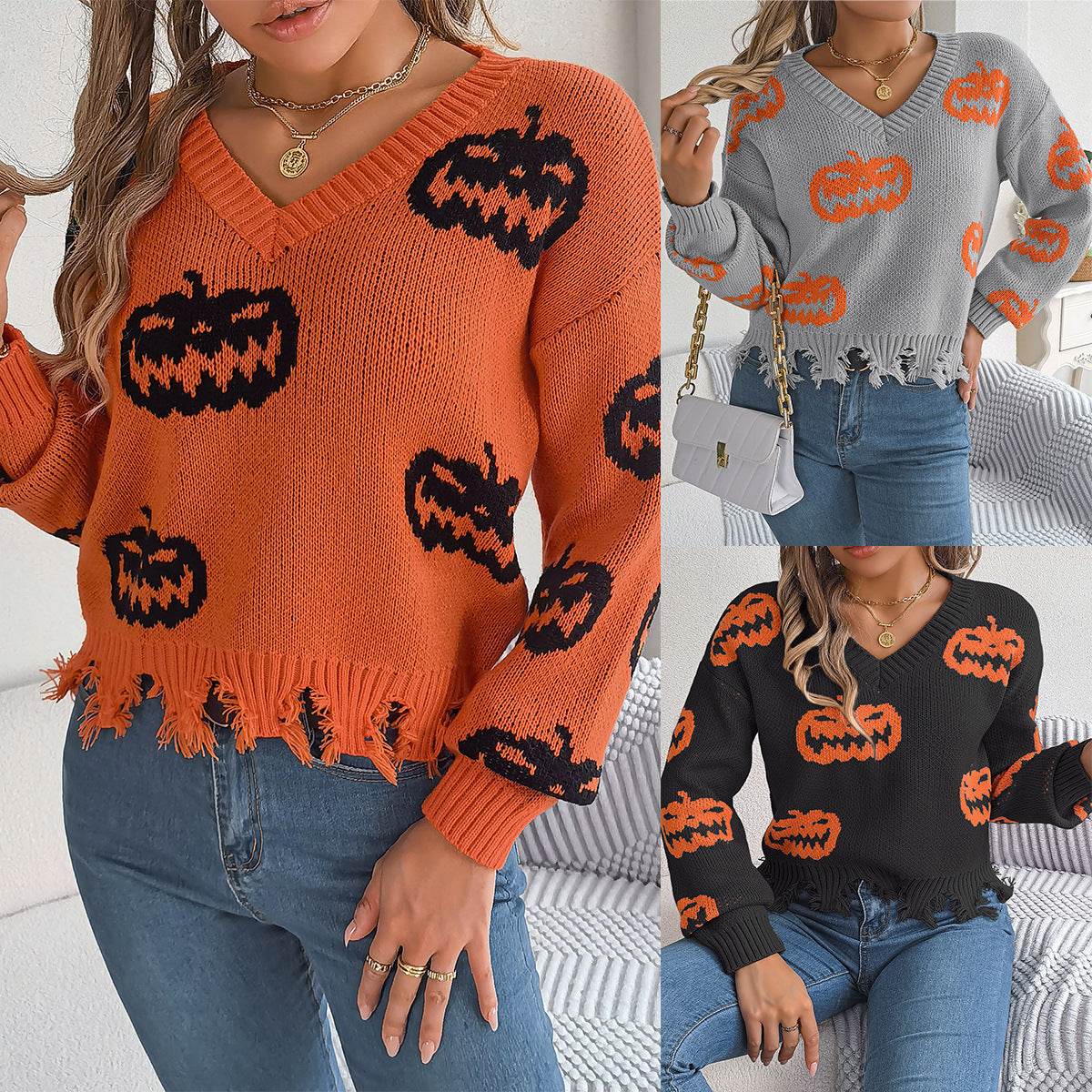 Halloween Contrast Color Pumpkin Cut Long Sleeve Sweater - Velora